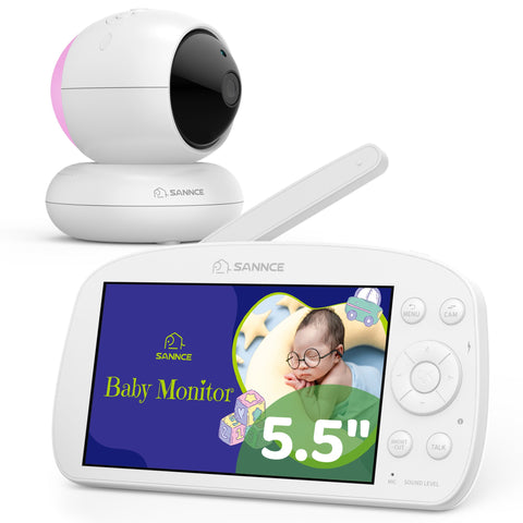 Elektroniczna niania SANNCE 1080p z kamerą i ekranem 5,5" – obrotowa kamera, detekcja dźwięku, ruchu i temperatury, kołysanki, bateria 5000 mAh