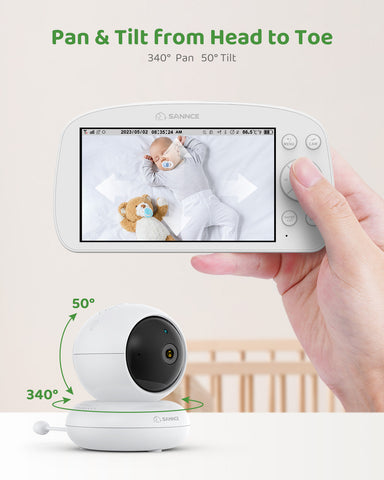 Elektroniczna niania SANNCE 1080p z kamerą i ekranem 5,5" – obrotowa kamera, detekcja dźwięku, ruchu i temperatury, kołysanki, bateria 5000 mAh