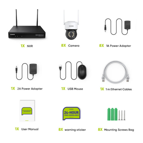 3MP 10-Channel Wireless CCTV PT Camera System, 8MP NVR, 3MP Pan & Tilt WiFi IP Cameras, Audio Recording, AI Human Detection, Work With Alexa