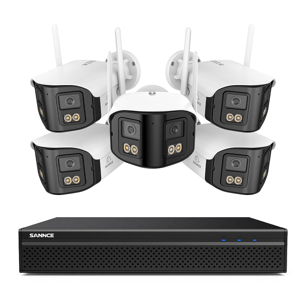 FDQ400 System kamer bezpieczeństwa PoE 4K 10-kanałowy z podwójnym obiektywem, rejestrator NVR 8 MP + 5 kamer IP 4 MP Wi-Fi + PoE, ultraszeroki kąt 170°, pełnokolorowe widzenie nocne przy bardzo słabym oświetleniu, dwukierunkowy dźwięk, detekcja osób AI