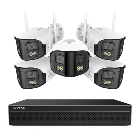 FDQ400 System kamer bezpieczeństwa PoE 4K 10-kanałowy z podwójnym obiektywem, rejestrator NVR 8 MP + 5 kamer IP 4 MP Wi-Fi + PoE, ultraszeroki kąt 170°, pełnokolorowe widzenie nocne przy bardzo słabym oświetleniu, dwukierunkowy dźwięk, detekcja osób AI