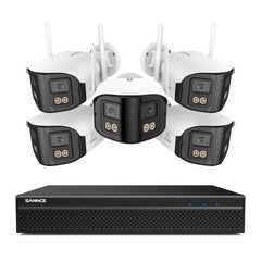 FDQ400 System kamer bezpieczeństwa PoE 4K 10-kanałowy z podwójnym obiektywem, rejestrator NVR 8 MP + 5 kamer IP 4 MP Wi-Fi + PoE, ultraszeroki kąt 170°, pełnokolorowe widzenie nocne przy bardzo słabym oświetleniu, dwukierunkowy dźwięk, detekcja osób AI