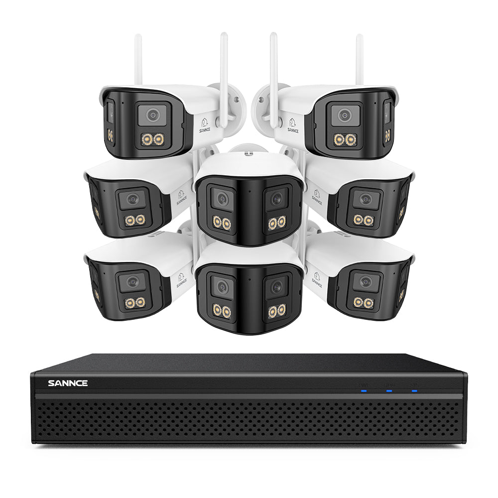 FDQ400 System kamer bezpieczeństwa PoE 4K 10-kanałowy z podwójnym obiektywem, rejestrator NVR 8 MP + 8 kamer IP 4 MP Wi-Fi + PoE, ultraszeroki kąt 170°, pełnokolorowe widzenie nocne przy bardzo słabym oświetleniu, dwukierunkowy dźwięk, detekcja osób AI