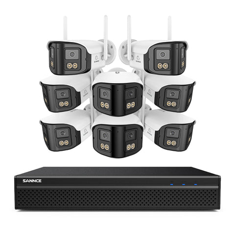 FDQ400 System kamer bezpieczeństwa PoE 4K 10-kanałowy z podwójnym obiektywem, rejestrator NVR 8 MP + 8 kamer IP 4 MP Wi-Fi + PoE, ultraszeroki kąt 170°, pełnokolorowe widzenie nocne przy bardzo słabym oświetleniu, dwukierunkowy dźwięk, detekcja osób AI