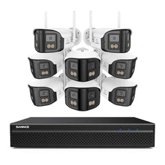 FDQ400 System kamer bezpieczeństwa PoE 4K 10-kanałowy z podwójnym obiektywem, rejestrator NVR 8 MP + 8 kamer IP 4 MP Wi-Fi + PoE, ultraszeroki kąt 170°, pełnokolorowe widzenie nocne przy bardzo słabym oświetleniu, dwukierunkowy dźwięk, detekcja osób AI