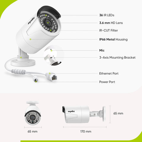 8 Channel 5MP PoE Security Camera System, 2pcs H.265+ Wired Bullet 5MP Outdoor PoE IP Cameras with Audio Recording, 4K 8CH NVR for 24/7 Recording